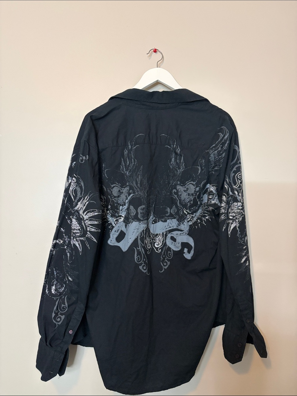 Men's Black Graphic Shirt Jacket with Winged Skull Motif